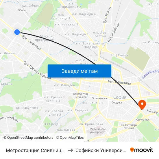 Ⓜ️ Метростанция Сливница / Slivnitsa Metro Station (1059) to Софийски Университет “Св. Климент Охридски"" map