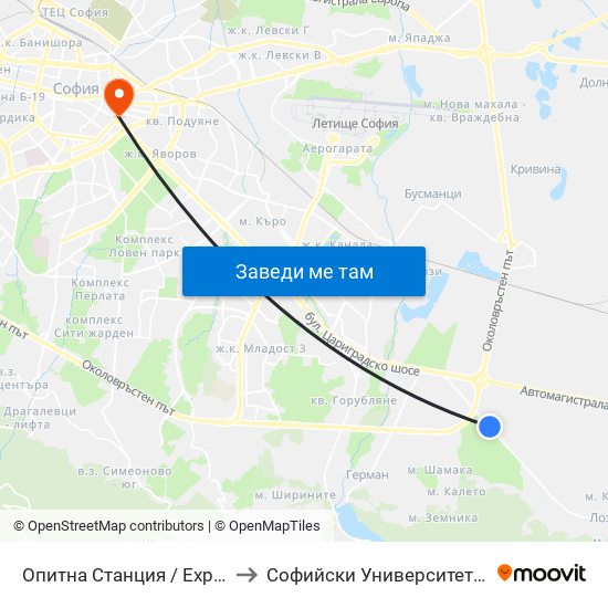 Опитна Станция / Experimental Station (1207) to Софийски Университет “Св. Климент Охридски"" map