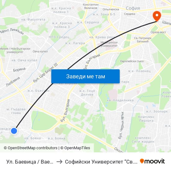 Ул. Баевица / Baevitsa St. (1834) to Софийски Университет “Св. Климент Охридски"" map