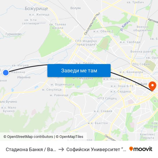 Стадиона Банкя / Bankya Stadium (1619) to Софийски Университет “Св. Климент Охридски"" map