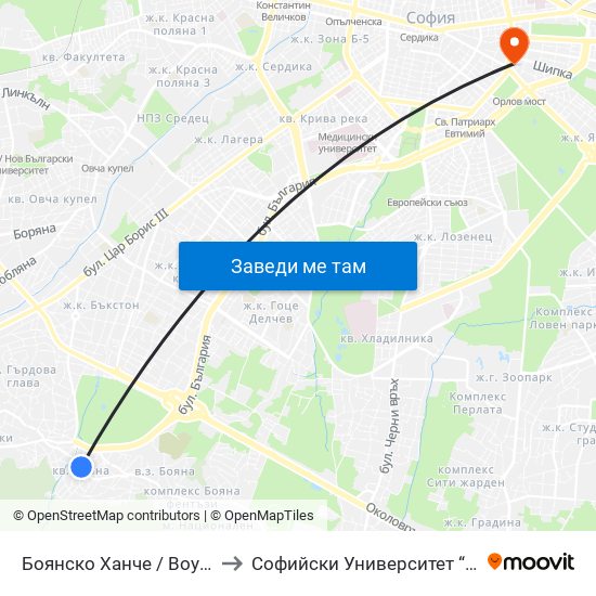 Боянско Ханче / Boyansko Hanche (0264) to Софийски Университет “Св. Климент Охридски"" map