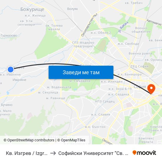 Кв. Изгрев / Izgrev Qr. (0842) to Софийски Университет “Св. Климент Охридски"" map