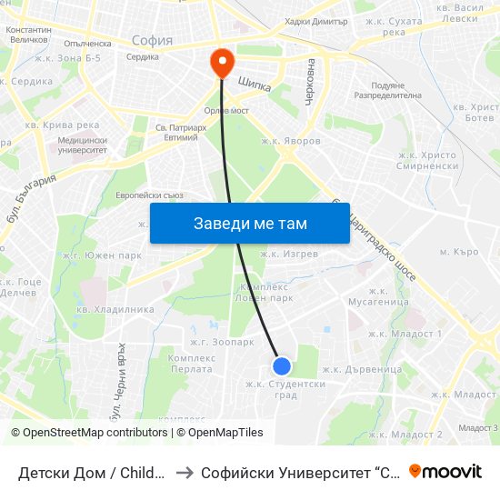 Детски Дом / Children's Home (0524) to Софийски Университет “Св. Климент Охридски"" map