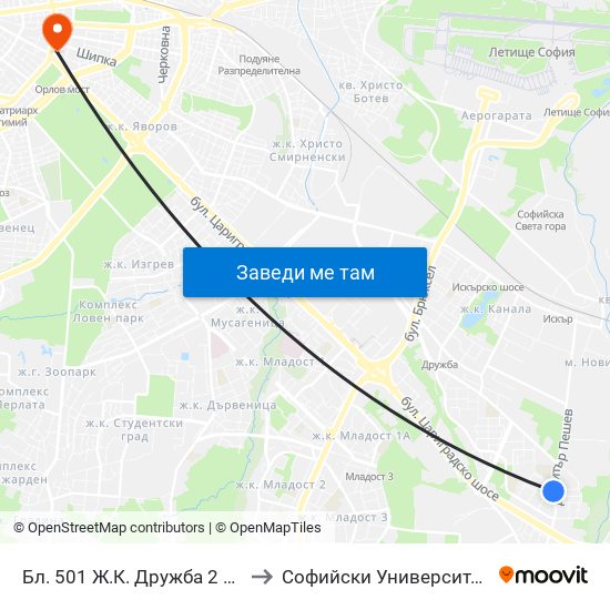 Бл. 501 Ж.К. Дружба 2 / Bl. 501, Druzhba 2 Qr. (0226) to Софийски Университет “Св. Климент Охридски"" map