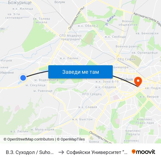 В.З. Суходол / Suhodol Villa Zone (0434) to Софийски Университет “Св. Климент Охридски"" map
