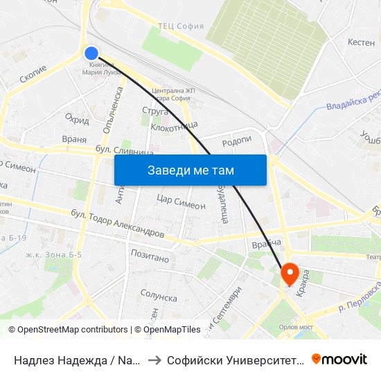 Надлез Надежда / Nadezhda Overpass (1113) to Софийски Университет “Св. Климент Охридски"" map