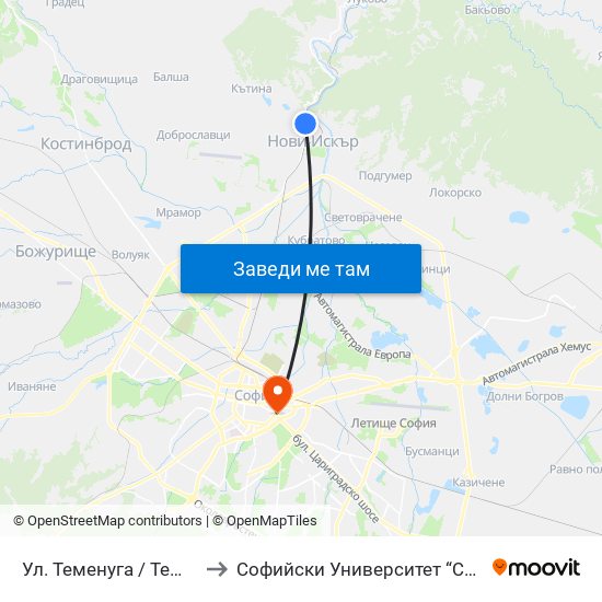 Ул. Теменуга / Temenuga St. (2200) to Софийски Университет “Св. Климент Охридски"" map