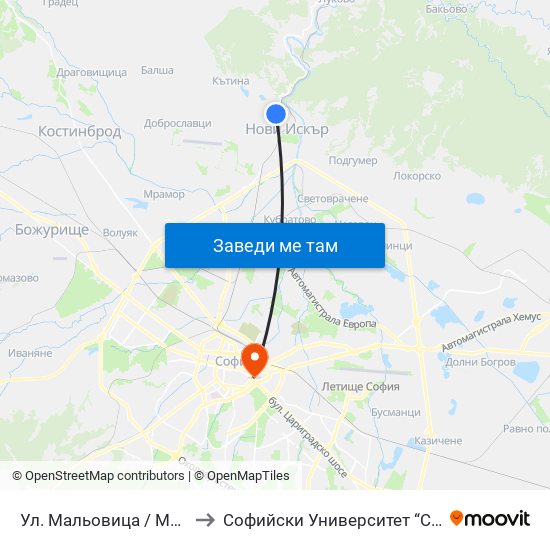Ул. Мальовица / Malyovitsa St. (2539) to Софийски Университет “Св. Климент Охридски"" map