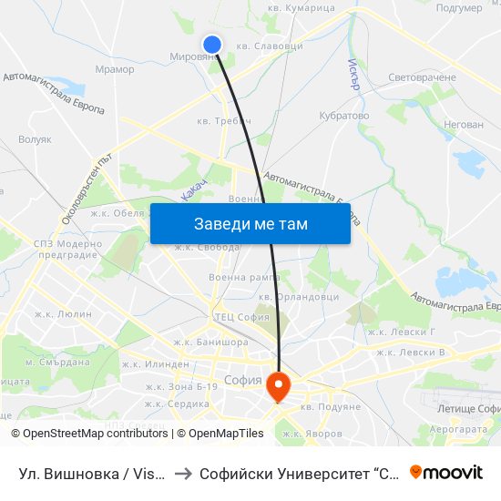 Ул. Вишновка / Vishnovka St. (2631) to Софийски Университет “Св. Климент Охридски"" map