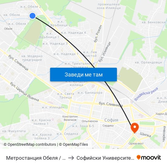 Метростанция Обеля / Obelya Metro Station (6241) to Софийски Университет “Св. Климент Охридски"" map