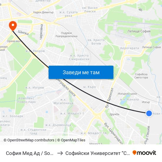 София Мед Ад / Sofia Med Jsc (0975) to Софийски Университет “Св. Климент Охридски"" map