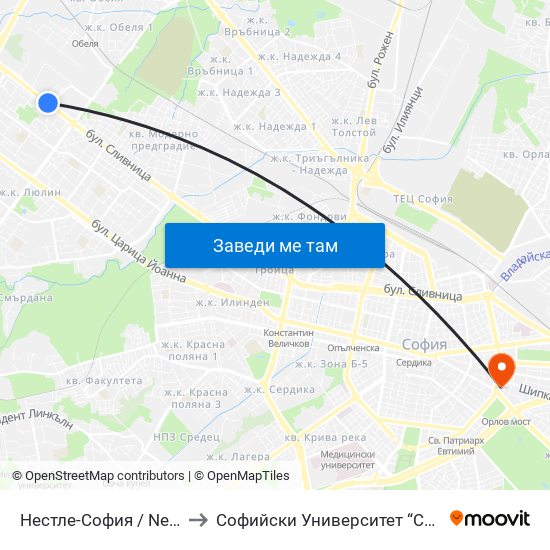 Нестле-София / Nestle Sofia (1141) to Софийски Университет “Св. Климент Охридски"" map