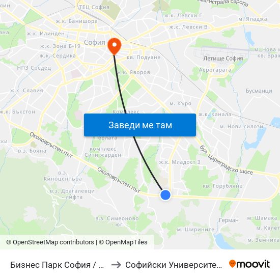 Бизнес Парк София / Business Park Sofia (2625) to Софийски Университет “Св. Климент Охридски"" map