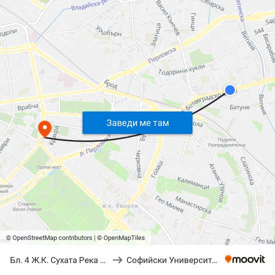 Бл. 4 Ж.К. Сухата Река / Bl. 4, Suhata Reka Qr. (0410) to Софийски Университет “Св. Климент Охридски"" map