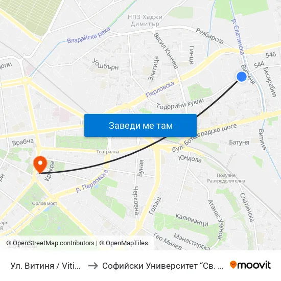 Ул. Витиня / Vitinya St. (1871) to Софийски Университет “Св. Климент Охридски"" map