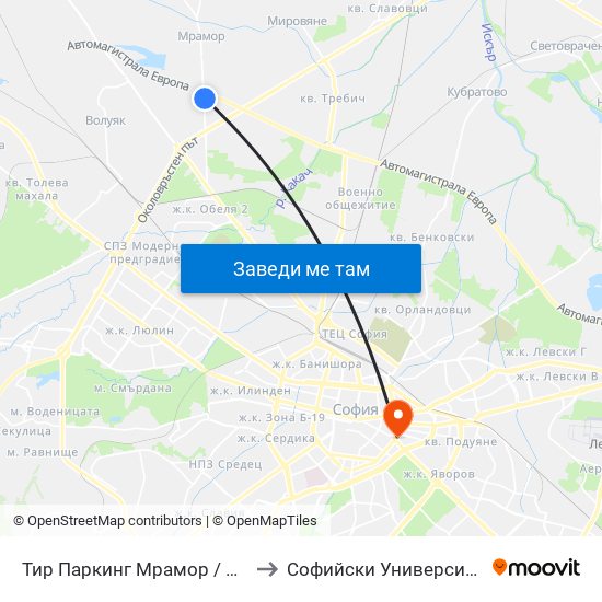 Тир Паркинг Мрамор / Tir Parking Mramor Village (2690) to Софийски Университет “Св. Климент Охридски"" map