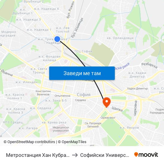 Метростанция Хан Кубрат / Khan Kubrat Metro Station (2661) to Софийски Университет “Св. Климент Охридски"" map