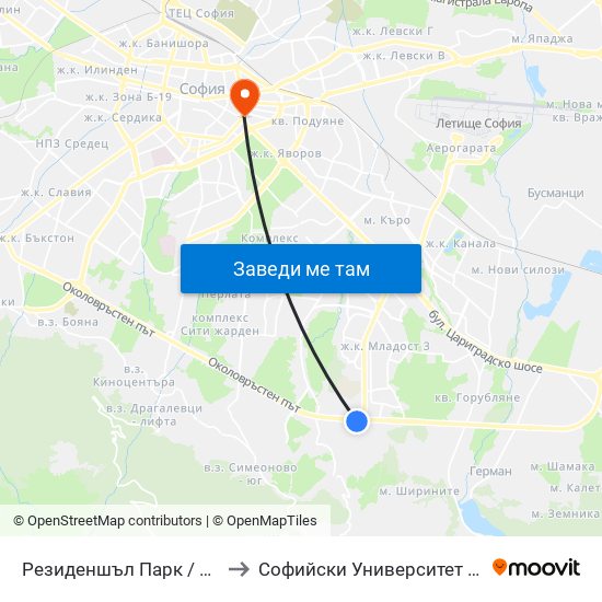 Резиденшъл Парк / Residential Park (2624) to Софийски Университет “Св. Климент Охридски"" map