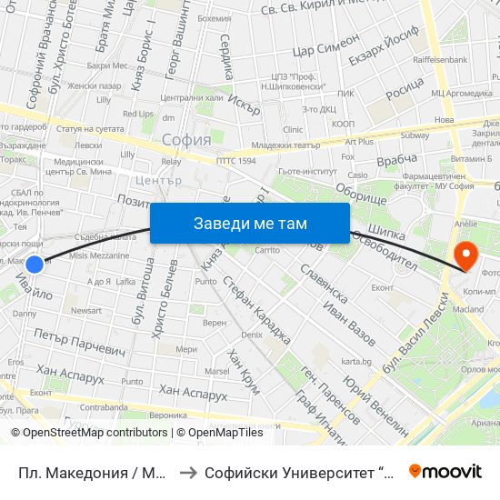 Пл. Македония / Macedonia Sq. (1282) to Софийски Университет “Св. Климент Охридски"" map