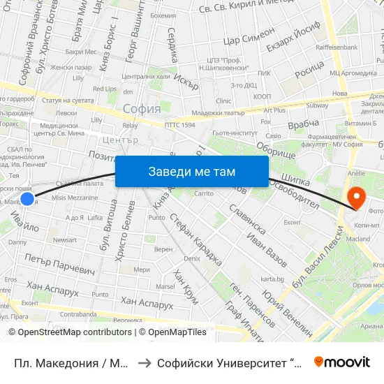 Пл. Македония / Macedonia Sq. (1281) to Софийски Университет “Св. Климент Охридски"" map