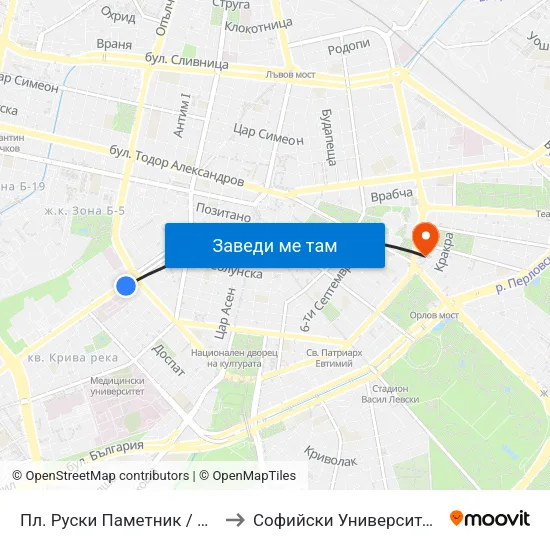 Пл. Руски Паметник / Russian Monument Sq. (1299) to Софийски Университет “Св. Климент Охридски"" map