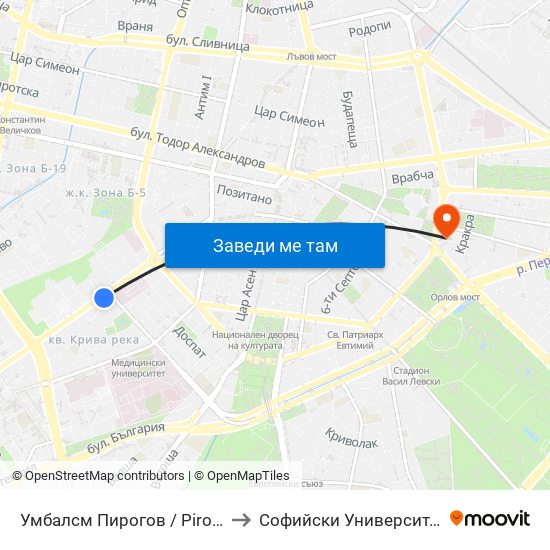 Умбалсм Пирогов / Pirogov Emergency Hospital (0759) to Софийски Университет “Св. Климент Охридски"" map