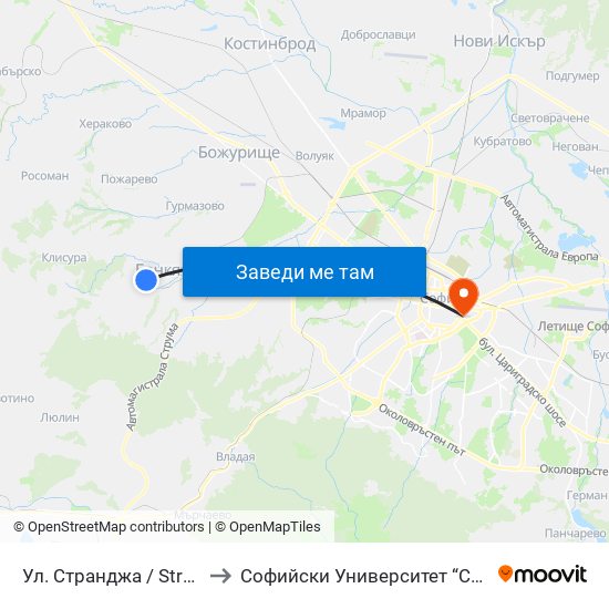 Ул. Странджа / Strandzha St. (0964) to Софийски Университет “Св. Климент Охридски"" map