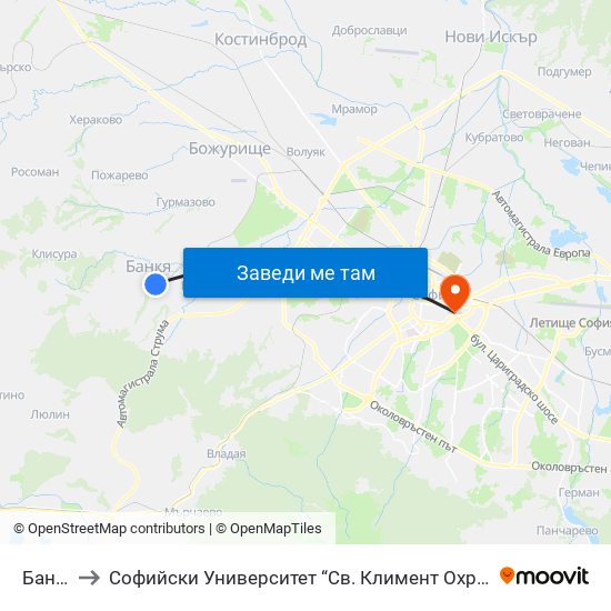 Банкя to Софийски Университет “Св. Климент Охридски"" map
