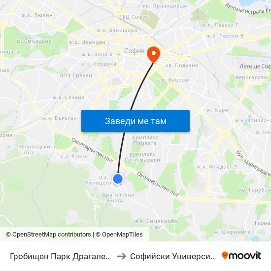 Гробищен Парк Драгалевци / Dragalevtsi Cemetery (6694) to Софийски Университет “Св. Климент Охридски"" map