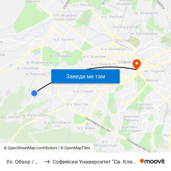 Ул. Обзор / Obzor St. to Софийски Университет “Св. Климент Охридски"" map