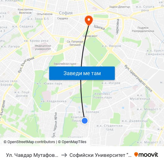 Ул. Чавдар Мутафов / Chavdar Mutafov St. to Софийски Университет “Св. Климент Охридски"" map