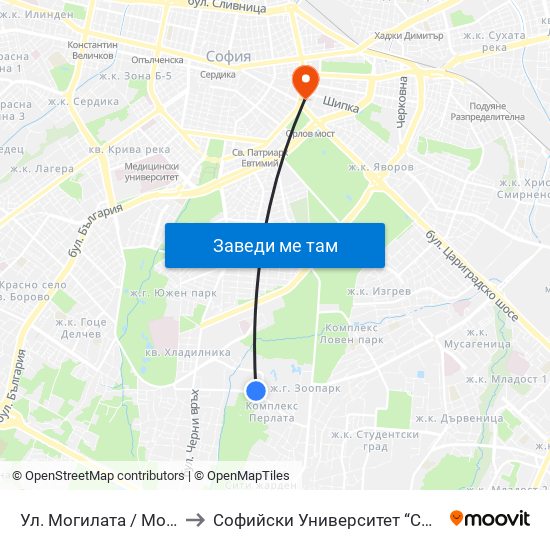 Ул. Могилата / Mogilata St. (2782) to Софийски Университет “Св. Климент Охридски"" map