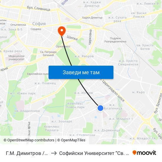 Г.М. Димитров / G.M.Dimitrov to Софийски Университет “Св. Климент Охридски"" map