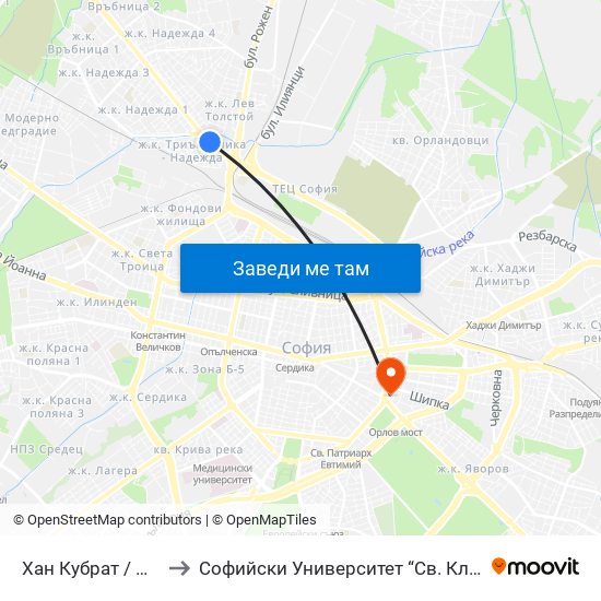 Хан Кубрат / Han Kubrat to Софийски Университет “Св. Климент Охридски"" map