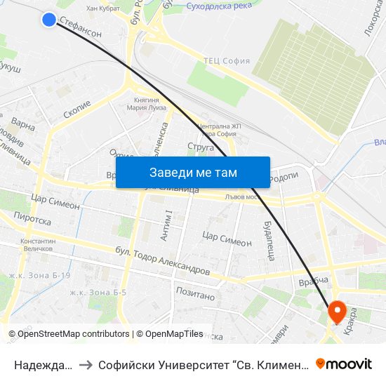 Надежда - Сп. to Софийски Университет “Св. Климент Охридски"" map