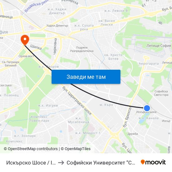 Искърско Шосе / Iskarsko Shosse to Софийски Университет “Св. Климент Охридски"" map