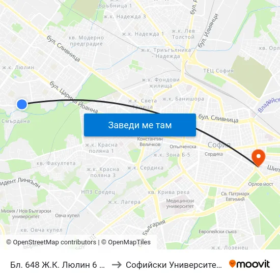 Бл. 648 Ж.К. Люлин 6 / Bl. 648, Lyulin 6 Qr. (2793) to Софийски Университет “Св. Климент Охридски"" map