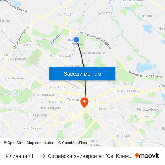 Илиянци / Iliyantsi to Софийски Университет “Св. Климент Охридски"" map