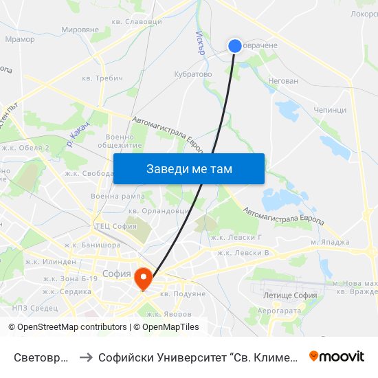 Световрачене to Софийски Университет “Св. Климент Охридски"" map