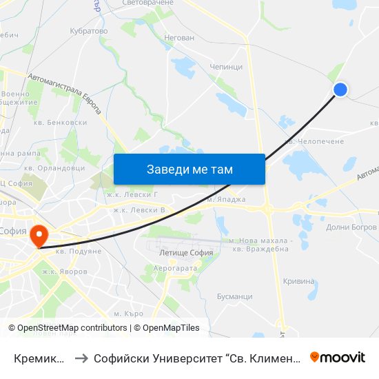 Кремиковци to Софийски Университет “Св. Климент Охридски"" map