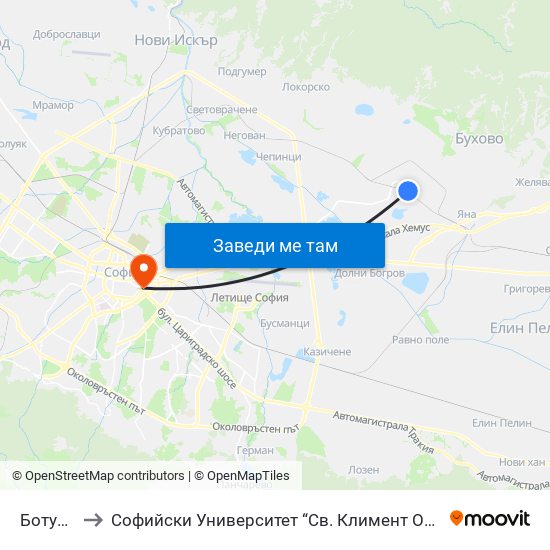 Ботунец to Софийски Университет “Св. Климент Охридски"" map