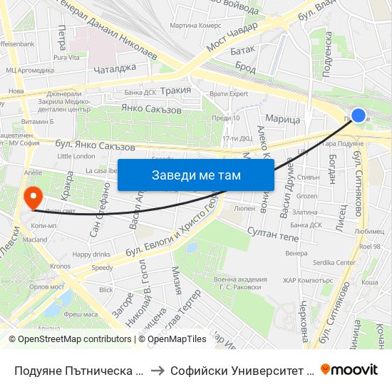 Подуяне Пътническа / Poduyane Patnicheska to Софийски Университет “Св. Климент Охридски"" map