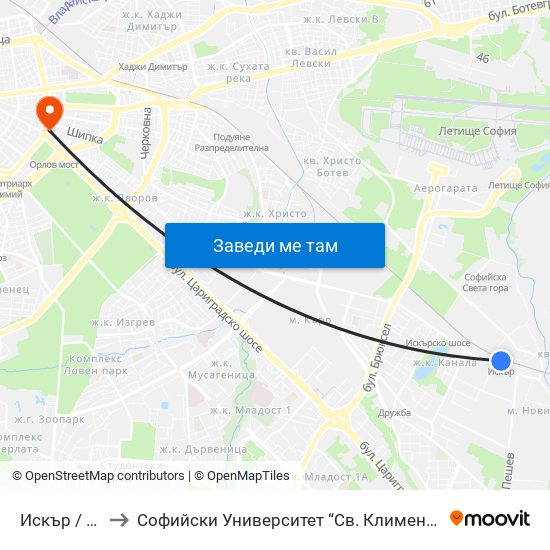 Искър / Iskar to Софийски Университет “Св. Климент Охридски"" map