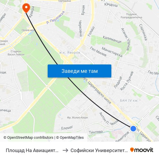 Площад На Авиацията / Aviation Square (1257) to Софийски Университет “Св. Климент Охридски"" map