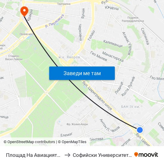 Площад На Авиацията / Aviation Square (1258) to Софийски Университет “Св. Климент Охридски"" map