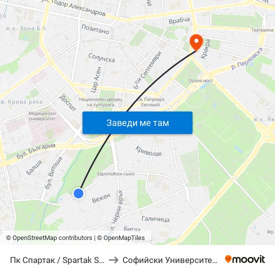 Пк Спартак / Spartak Swimming Complex (0647) to Софийски Университет “Св. Климент Охридски"" map