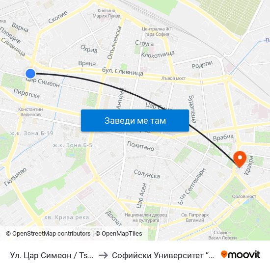 Ул. Цар Симеон / Tsar Simeon St. (2249) to Софийски Университет “Св. Климент Охридски"" map