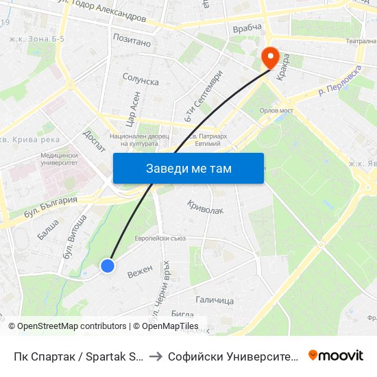 Пк Спартак / Spartak Swimming Complex (1344) to Софийски Университет “Св. Климент Охридски"" map