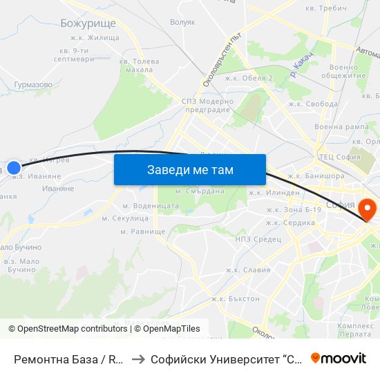 Ремонтна База / Repair Base (6246) to Софийски Университет “Св. Климент Охридски"" map