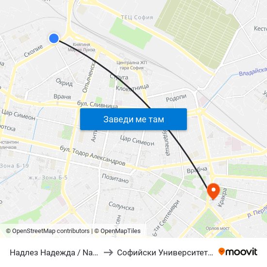 Надлез Надежда / Nadezhda Overpass (3599) to Софийски Университет “Св. Климент Охридски"" map